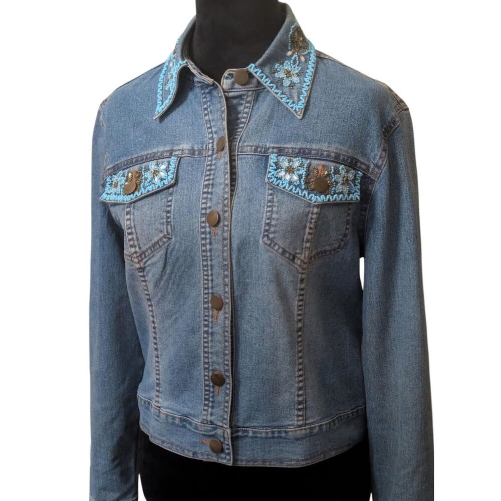 Very Vera Beaded Denim Jacket Size Small Y2K Embellished Turquoise Floral